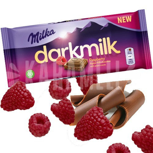 NEW Milka Darkmilk Raspberry Alpine Milk Chocolate with Extra Cocoa