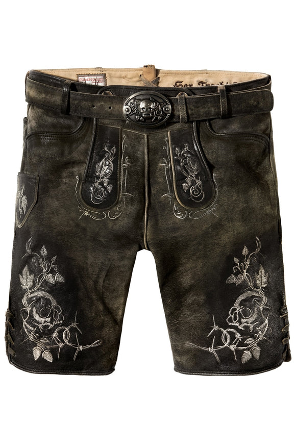 classic gear lederhose MOUNTAIN ROCKER HOSE KRAMER, GRAPHIT VINTAGE Men Trachten Lederhosen Leather Pants with Scull Belt