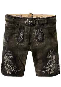 MOUNTAIN ROCKER HOSE KRAMER, Smoked Washed   Men Trachten Lederhosen Leather Pants with Scull Belt - German Specialty Imports llc