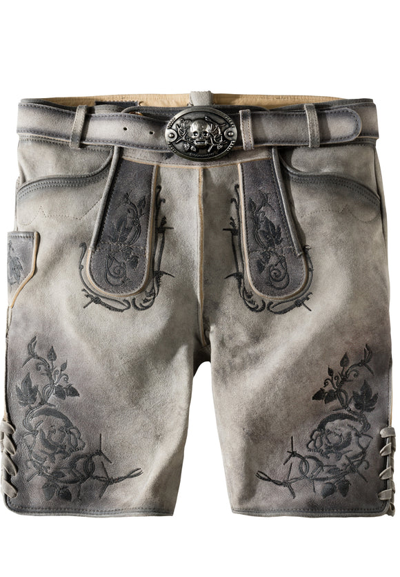MOUNTAIN ROCKER HOSE KRAMER, Smoked Washed   Men Trachten Lederhosen Leather Pants with Scull Belt - German Specialty Imports llc