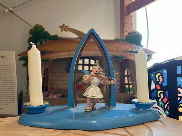 Blank brand figurine and candle holder, Violin Angel, painted blue color - German Specialty Imports llc