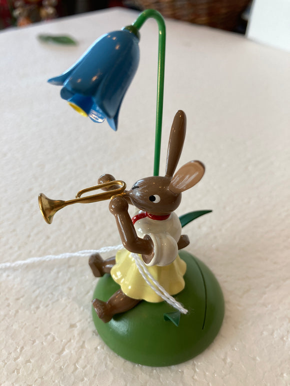 Blank Hand Made Female  Easter Bunny Trumpet Player with Blue Bell  Flower as Place Card Holder - German Specialty Imports llc