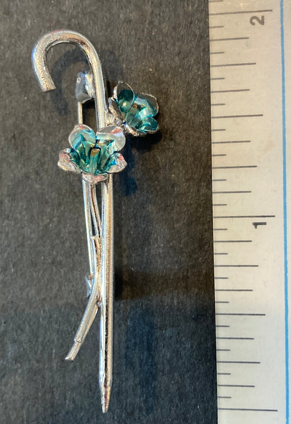 Blue flowers  on walking cane silver Hat Pin / Brooch - German Specialty Imports llc