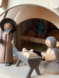 Hanging Handmade Wooden Light Arch- electric, music box sculpted nativity small, natural - German Specialty Imports llc