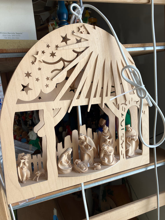 Hanging Handmade Wooden Light Arch- electric, sculpted nativity small, natural - German Specialty Imports llc