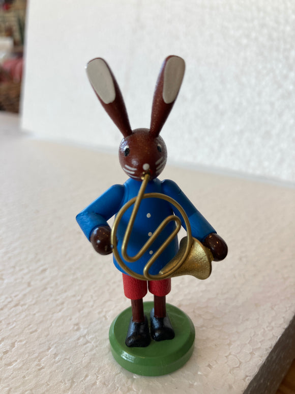 Ore Mountain Hand Made Painted Wooden Male Easter Bunny  with French Horn - German Specialty Imports llc