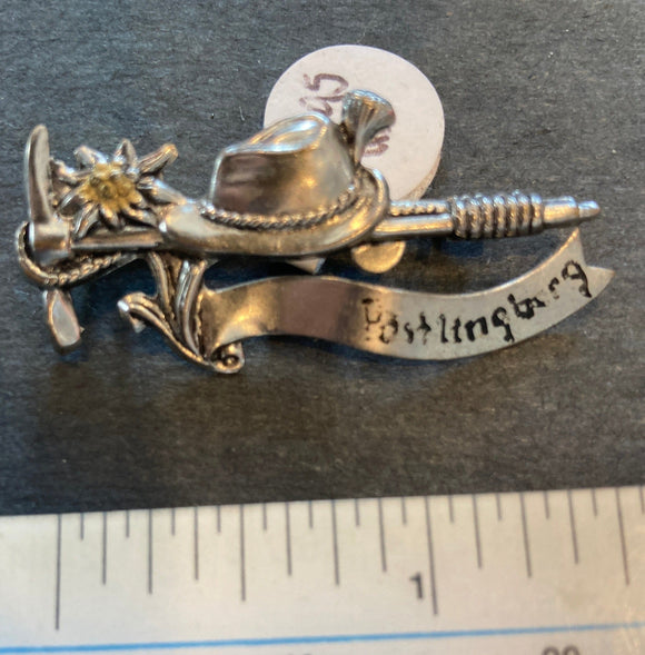 Pewter Hat Pin / Brooch with Edelweiss Hat and Ax - German Specialty Imports llc