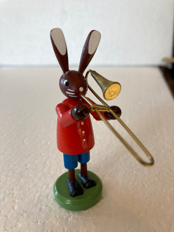 Ore Mountain Hand Made Wooden Male Easter Bunny  with Trombone - German Specialty Imports llc