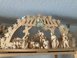 Ratags Hand made Wooden Light Arch- electric, sculpted wood Nativity with stars - German Specialty Imports llc