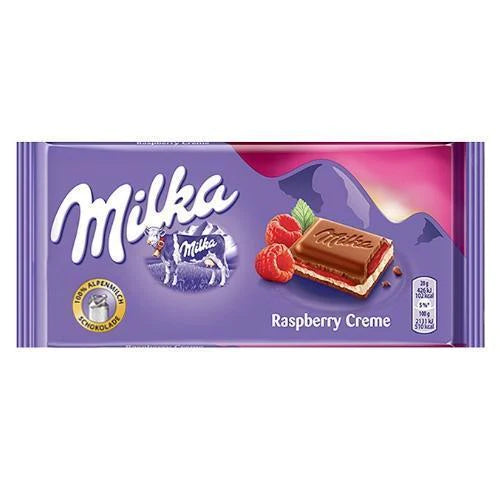 G 702814 NEW Milka Raspberry Creme  Alpine Milk Chocolate - German Specialty Imports llc