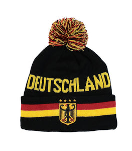 Deutschland/Germany Knit Hat with Pom Pom with yellow writing German colors and 4 star Soccer Champions and Eagle - German Specialty Imports llc