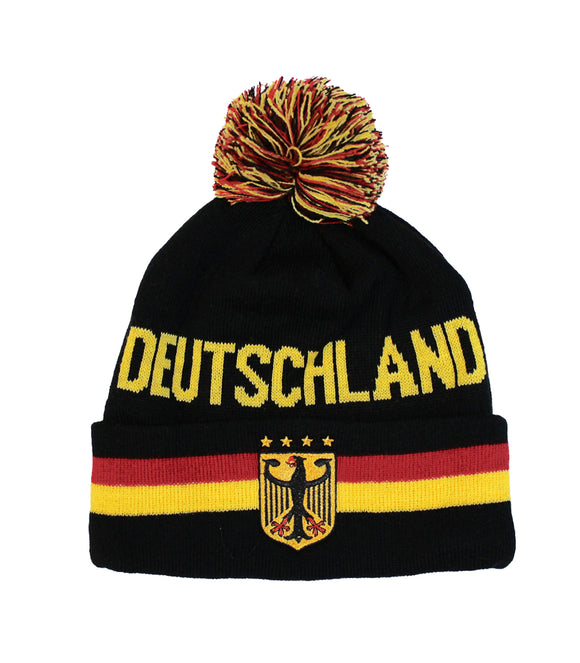 Deutschland/Germany Knit Hat with Pom Pom with yellow writing German colors and 4 star Soccer Champions and Eagle - German Specialty Imports llc