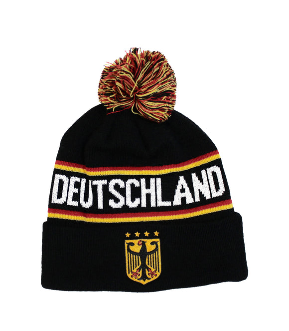 Deutschland  knitted Fold Up  Pom Beanie Hat with 4 stars Crest Black with white Writing - German Specialty Imports llc